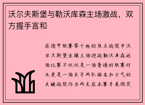 沃尔夫斯堡与勒沃库森主场激战，双方握手言和